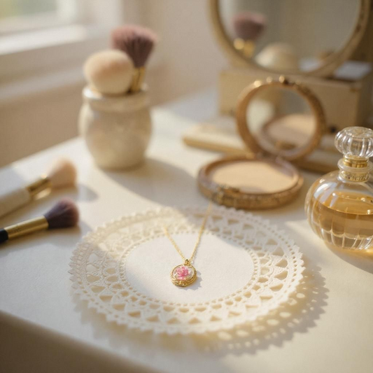 Pink Rose Pendant necklace on a 24-inch gold chain