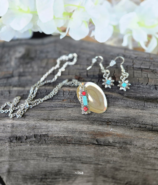 Red, Torquoise Necklace with Complementary Earrings