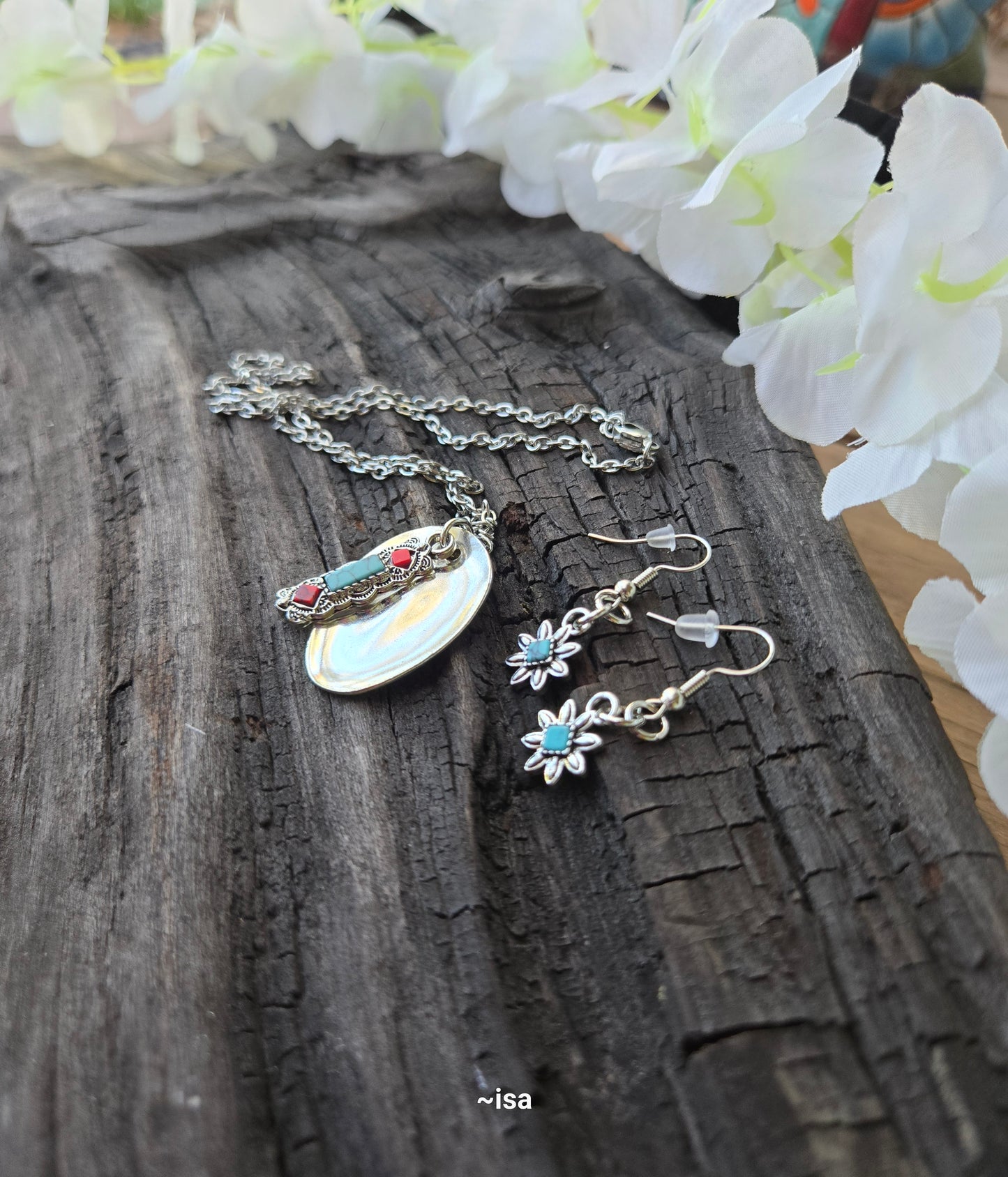 Red, Torquoise Necklace with Complementary Earrings