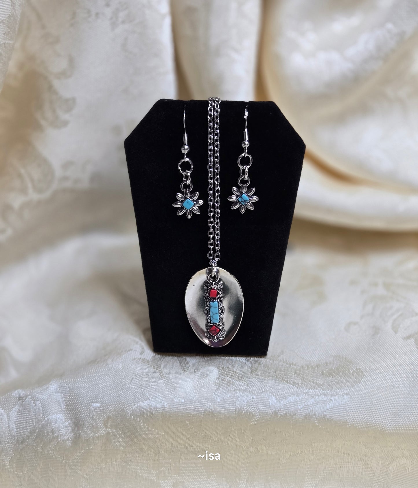 Red, Torquoise Necklace with Complementary Earrings